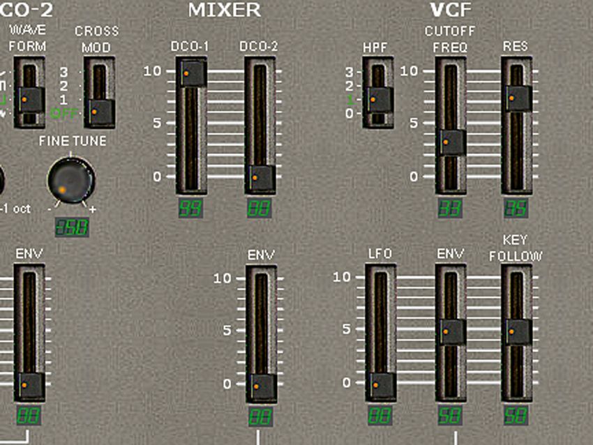 Let's try some filtering. Put both Cutoff Freq and Res sliders at 33, then push the VCF Env slider up to 50. Set the Mixer DCO-2 level to 00, then crank Envelope-2's Sustain to 99 for a sustained sound. These tweaks produce a classic 'warp' bass similar to that in Dred Bass by Dead Dred and countless garage tunes. Push the Res to 75 for dubstep or fidget house evilness.