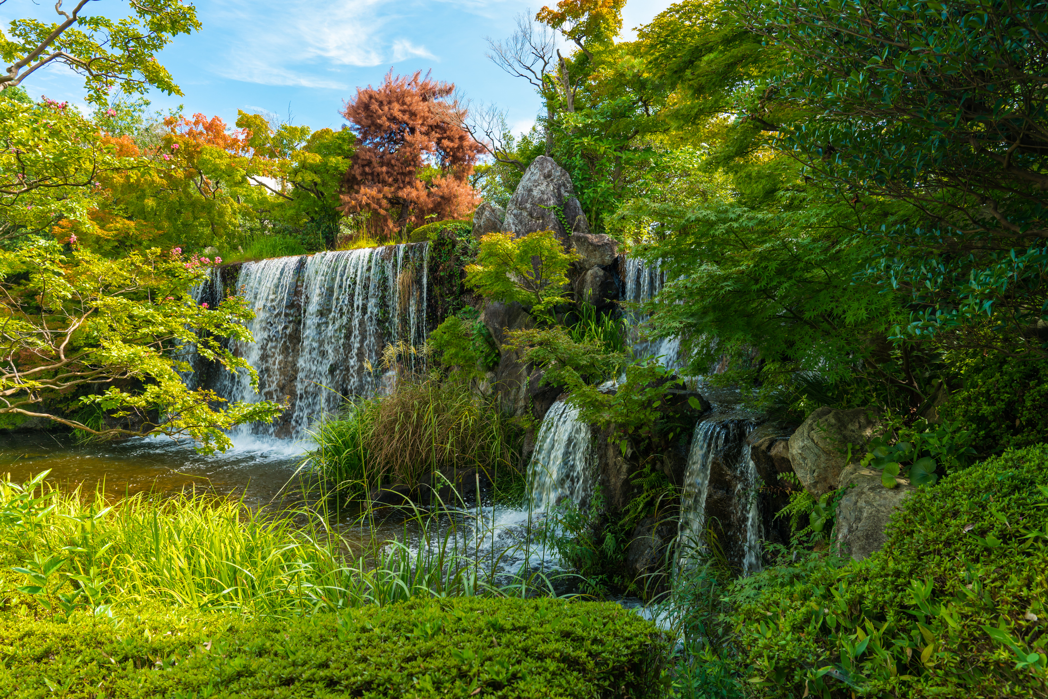 A waterfall in a Japanese garden