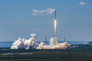 A SpaceX Falcon 9 rocket launches 58 Starlink satellites and three Planet SkySats into orbit from Cape Canaveral Air Force Station, Florida on Aug. 18, 2020.