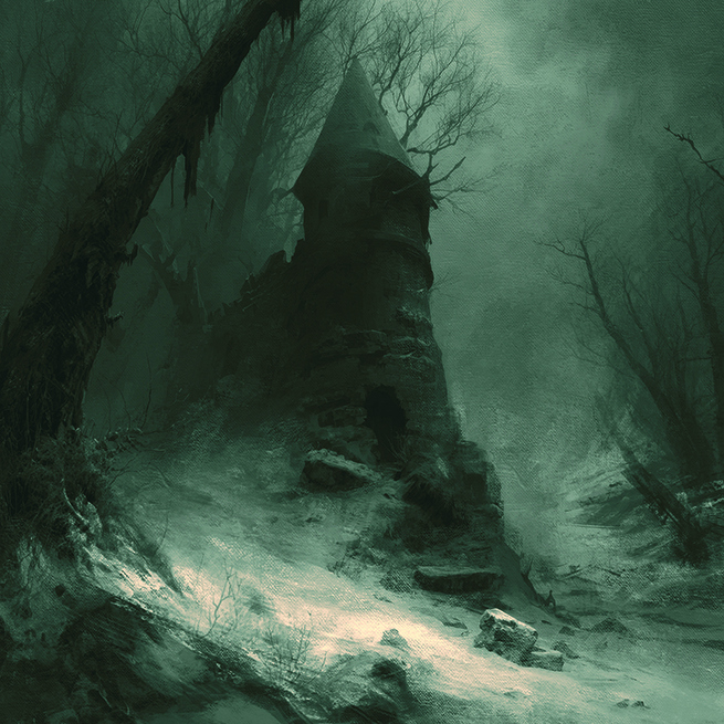Dark digital art showing a fantasy character kneeling in front of a foreboding tower