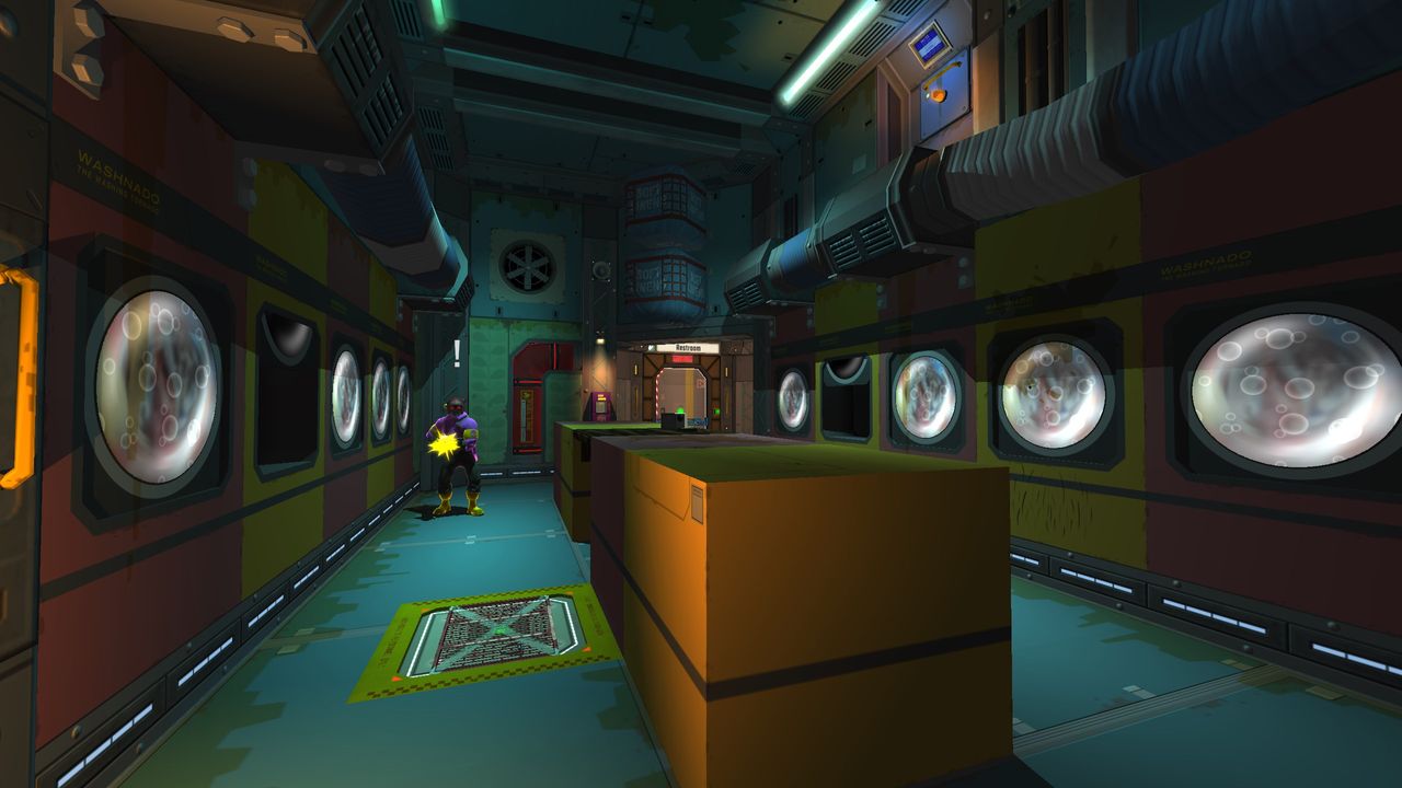 Skin Deep; an indie game, digital illustration of a brightly coloured interior, featuring a character in a futuristic setting