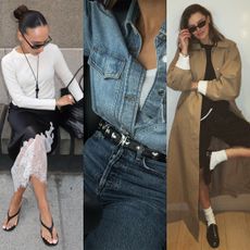 fashion collage of three influencers Ingrid Edvinsen, Jessica Skye, and Coco Schiffer wearing chic outfits for spring 2026 with pieces like a lace hem skirt, denim, trench coat, and loafers