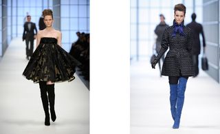 1 Model wore black dress, black boot and 1 model wore black jacket, blue boot