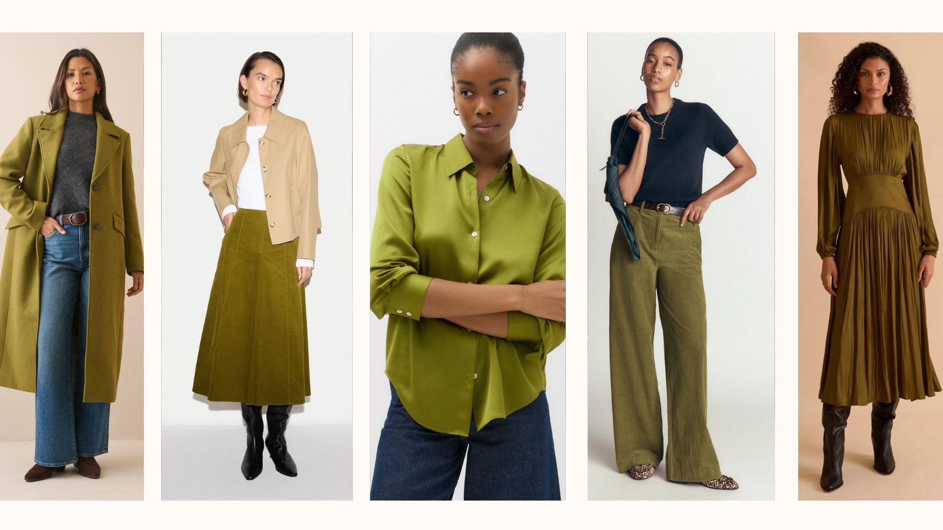 moss green fashion colour trend, five examples on models