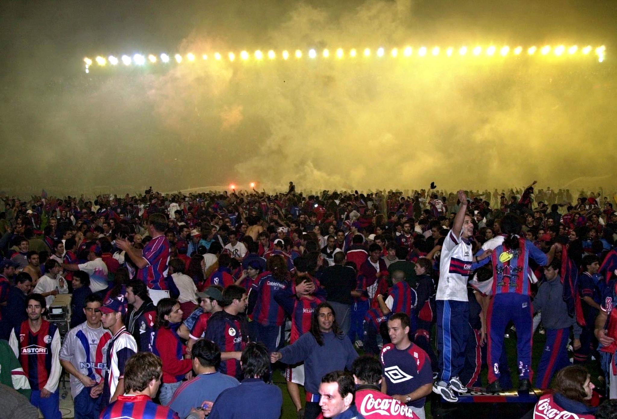 San Lorenzo fans celebrate their team's title win in the Argentine Clausura championship in June 2001.