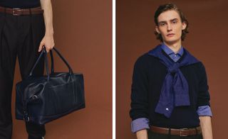 Two images, Left- Model holding a small holdall, Right- Model wears blue jumper and shirt with necktie/scarf