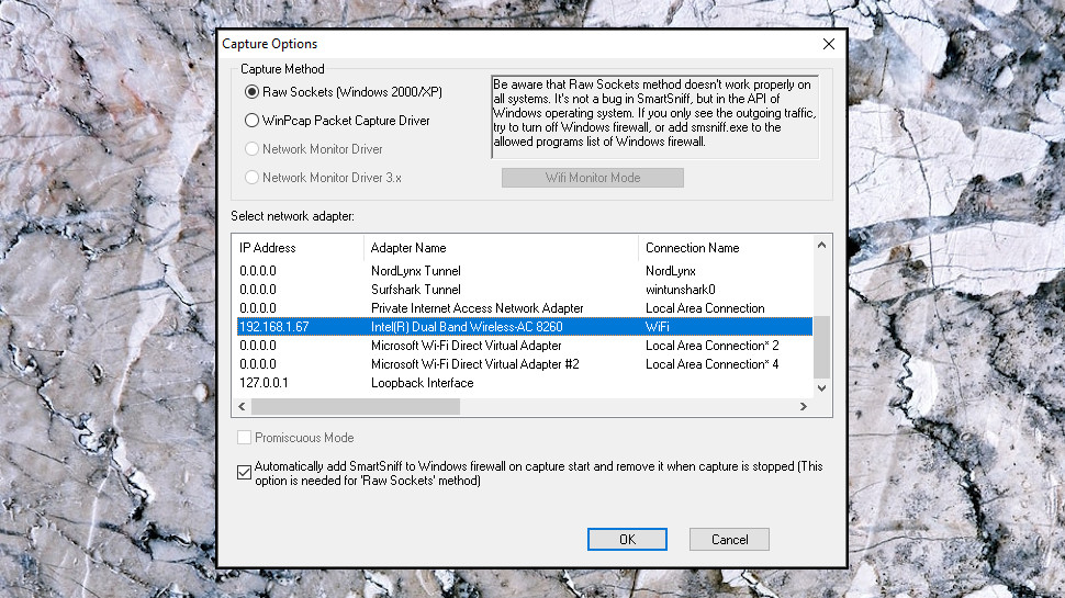 NirSoft SmartSniff can monitor wireless or wired network adapters on Windows systems