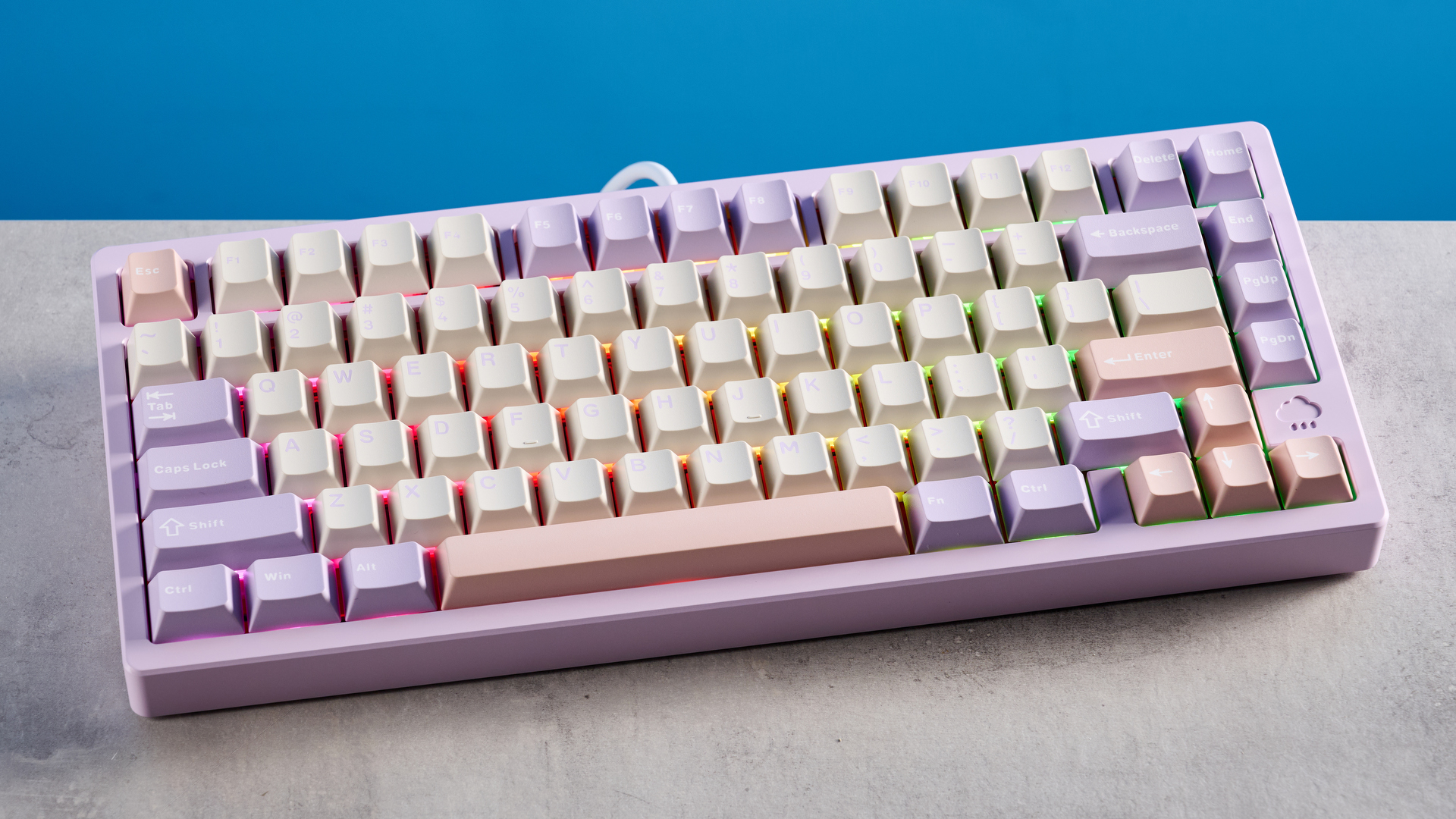 A purple Wobkey Rainy 75 Pro wireless mechanical keyboard with hot-swappable switches