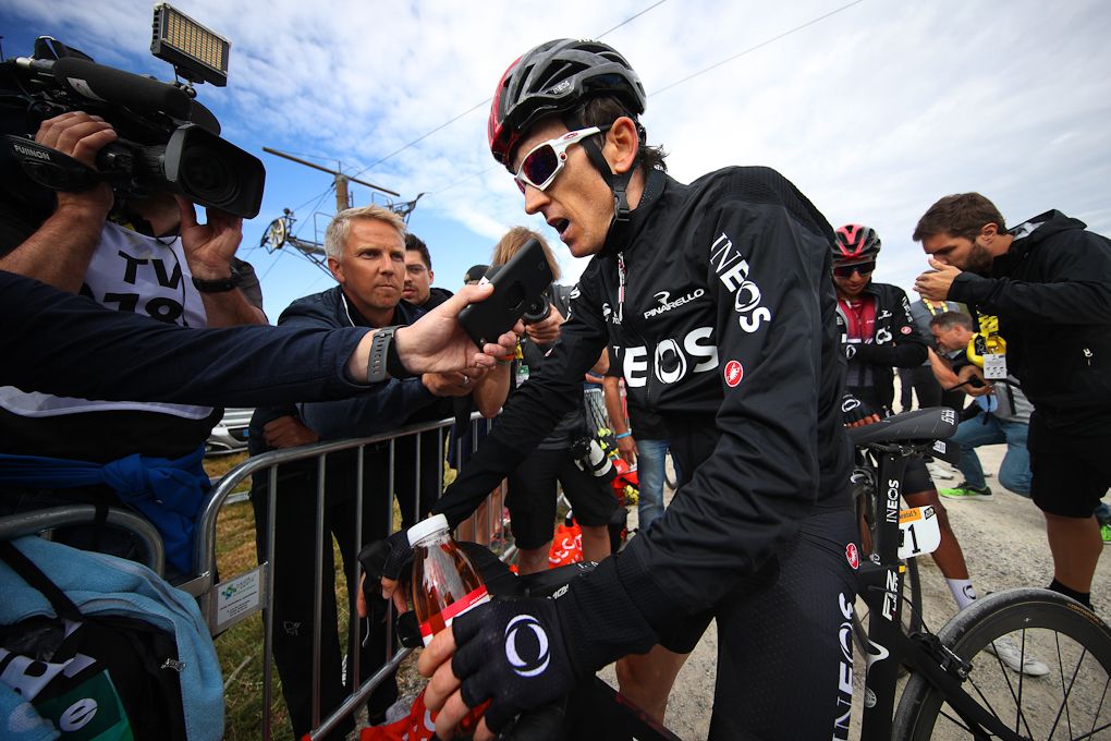 Geraint Thomas talks to reporters before the start of stage 7 at the Tour de France