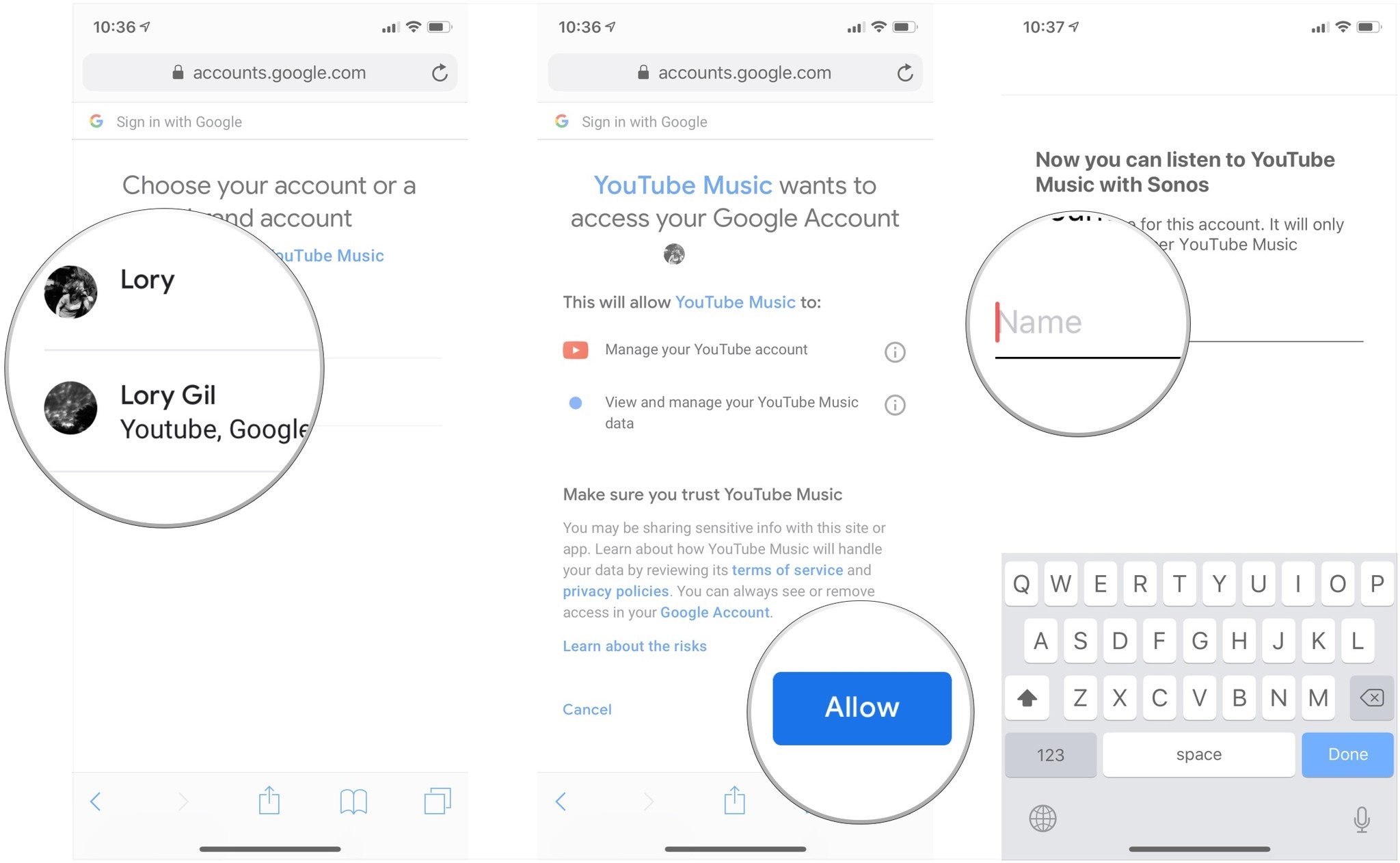 Tap Google account, tap Allow, enter name for service