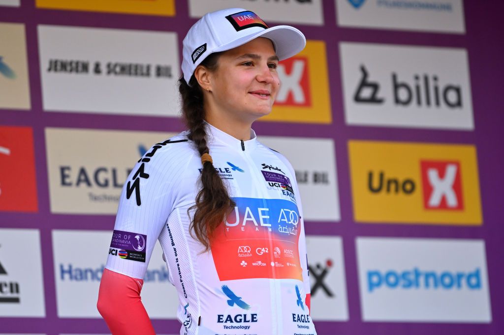 Alena Ivanchenko (UAE Team ADQ) celebrates at podium as White Best Young Rider