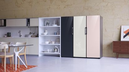 Pink samsung fridge in kitchen 