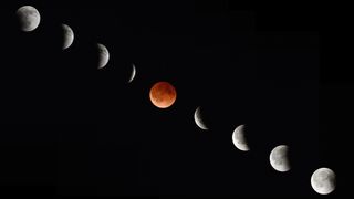 This composite photograph of the moon shows various phases of a total lunar eclipse on April 15, 2014, as seen from Magdalena, New Mexico.