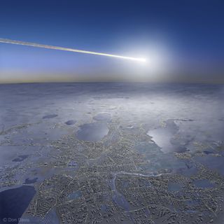 Artist's view of the detonation on Feb. 15, 2013, of a space rock over the Chelyabinsk region in Russia, considered a 21st-century warning shot.