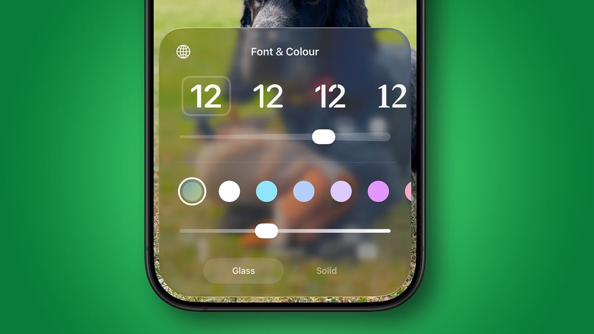 A Liquid Glass slider that affects the clock on the iOS 26.2 Lock Screen.