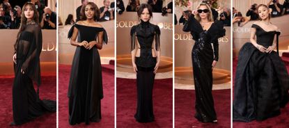 lisa, ayo edebiri, jenna ortega, miley cyrus and ariana grande wear black dresses at the 2026 golden globes