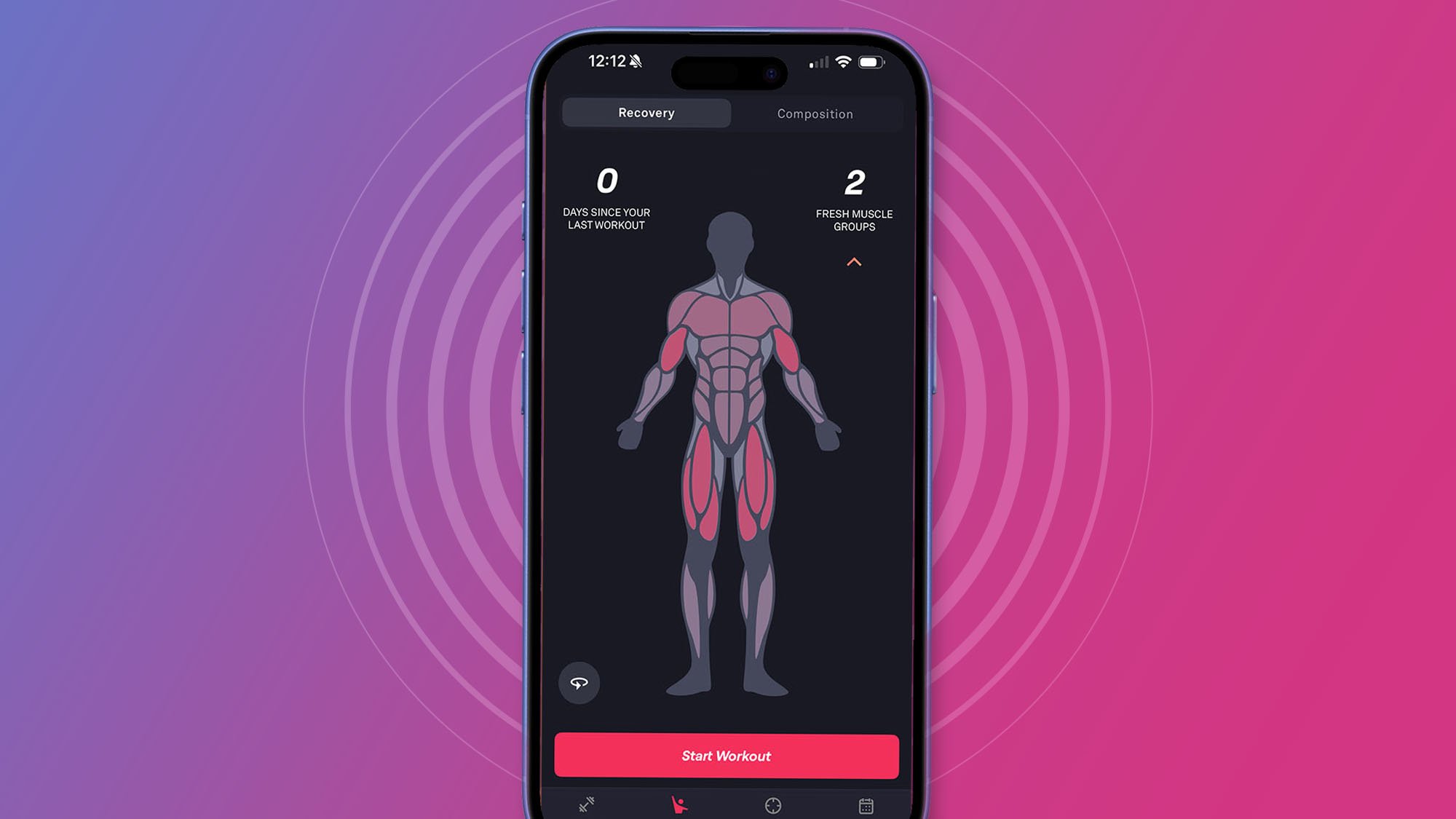 A phone on a pink and purple background showing the Fitbod app