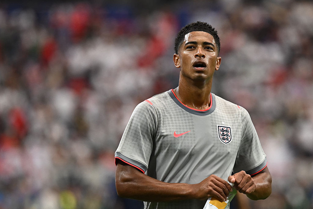 Jude Bellingham walks on the pitch during warm up prior to the 2026 World Cup Group L football match between England and Croatia at the Dallas Stadium in Arlington on June 17, 2026.