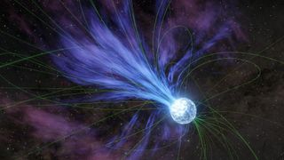 A digital illustration showing a glowing white orb in space with blue and green streaks of light emanating from it