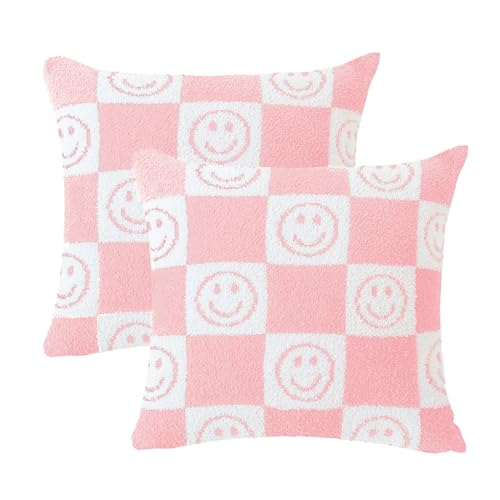 Ultra Soft Cozy Happy Smiling Face Checkered Knitted Throw Pillow Cover Fluffy Microfiber Pillocase Decorative for Sofa Bed 18 Inches Both Sides (pink)