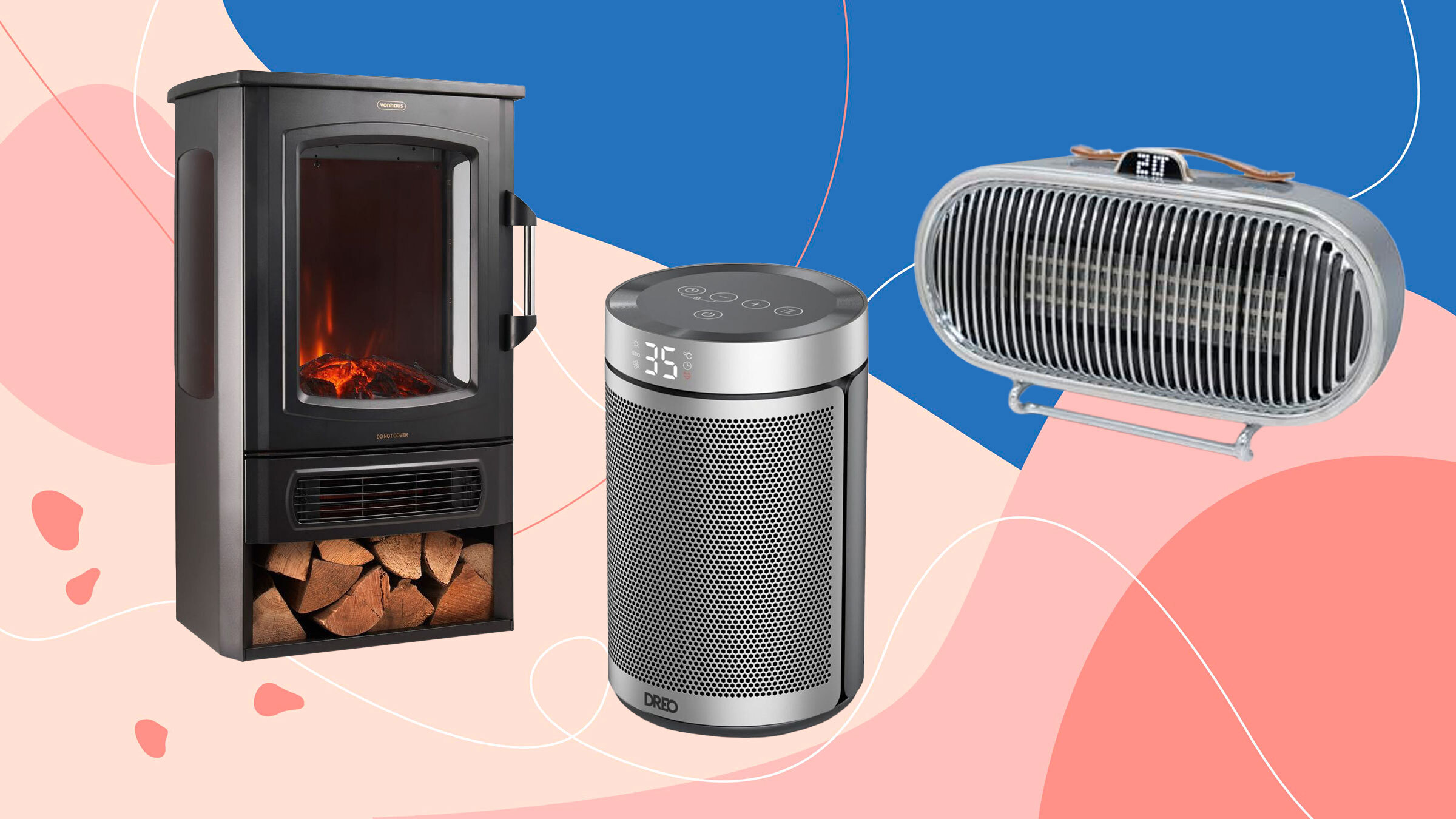 Collage of the best electric heaters including the Vonhaus Electric Stove, Dreo Atom 316, and Swan Retro electric heater