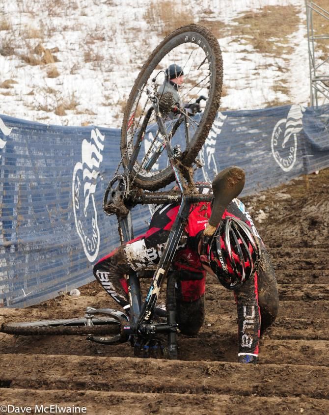 Kerry Werner (BMC U23 Development MTB Team) trips on the stairs