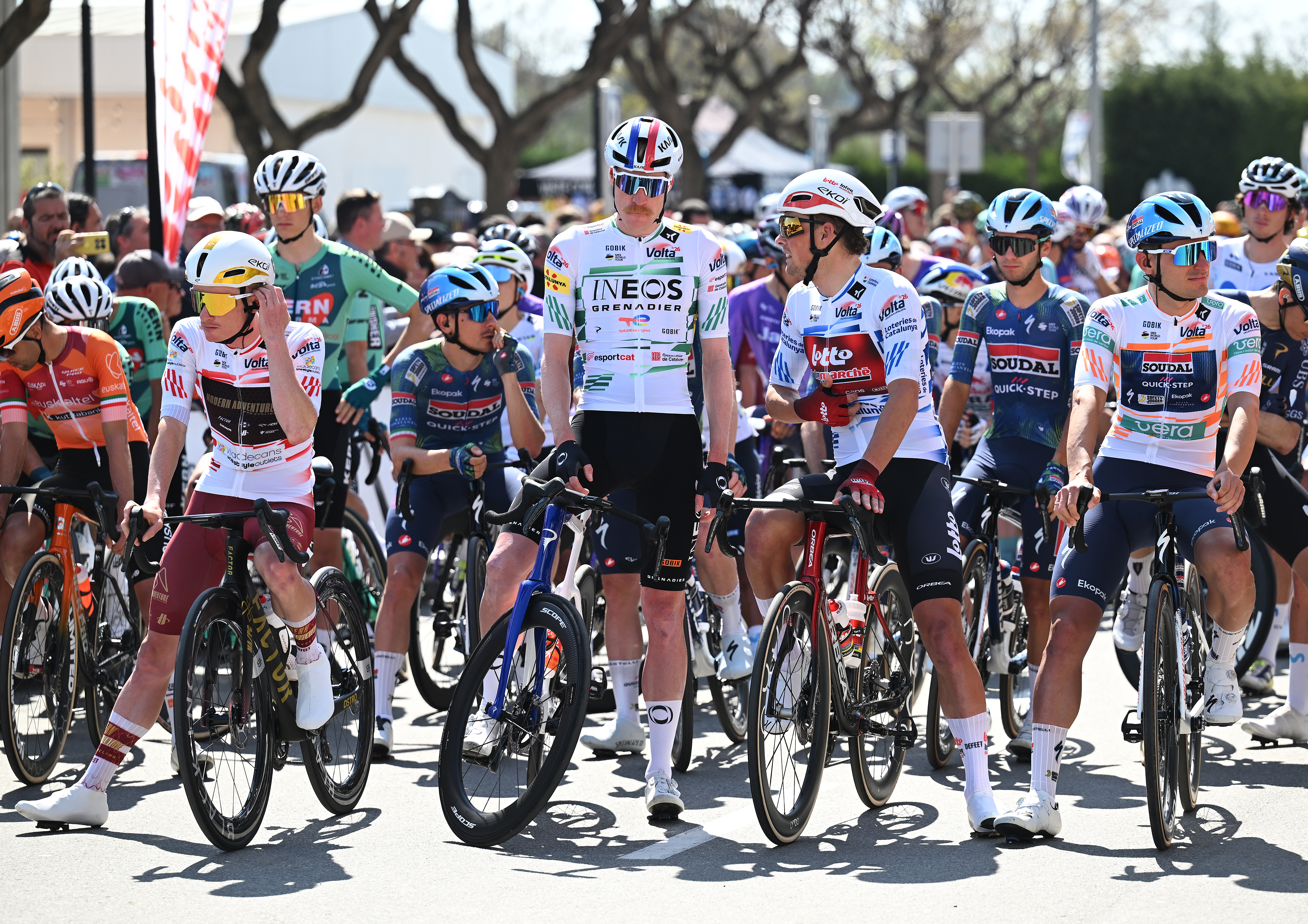 The race leaders before the start of stage 3 at the Volta a Catalunya 2026, left to right, KOM Tyler Stites, GC Dorian Godon, points Baptiste Veistroffer and best young rider Andrea Raccagni Noviero.