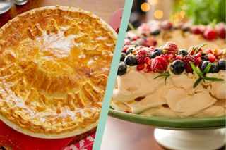A collage of a Christmas pie and pavlova from Mary Berry's Highland Christmas