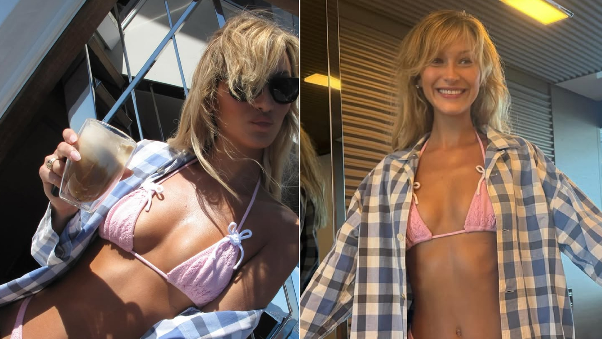 Bella Hadid wears a gingham shirt and bikinis