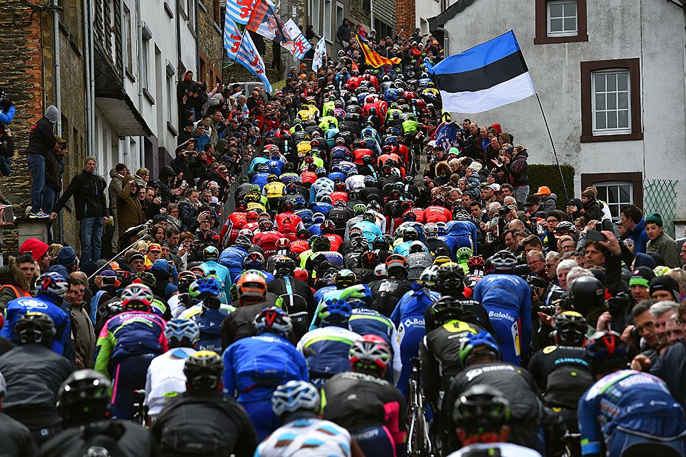 Colourful peloton on the climb at Liege-Bastogne-Liege