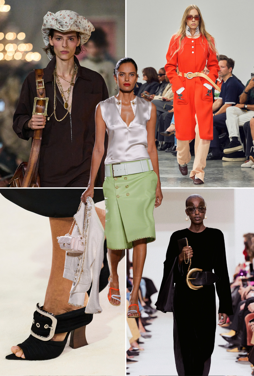 Collage of runway models showing the big buckle trend during paris fashion week spring summer 2027