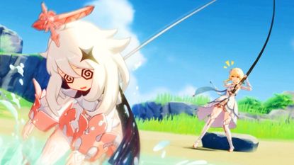 Genshin Impact's Traveller pulls Paimon out a river while using a fishing rod