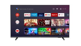 TV screen showing homepage where you can click on Netflix, Prime Video, Disney+, Youtube, Rakuten TV and Google Play