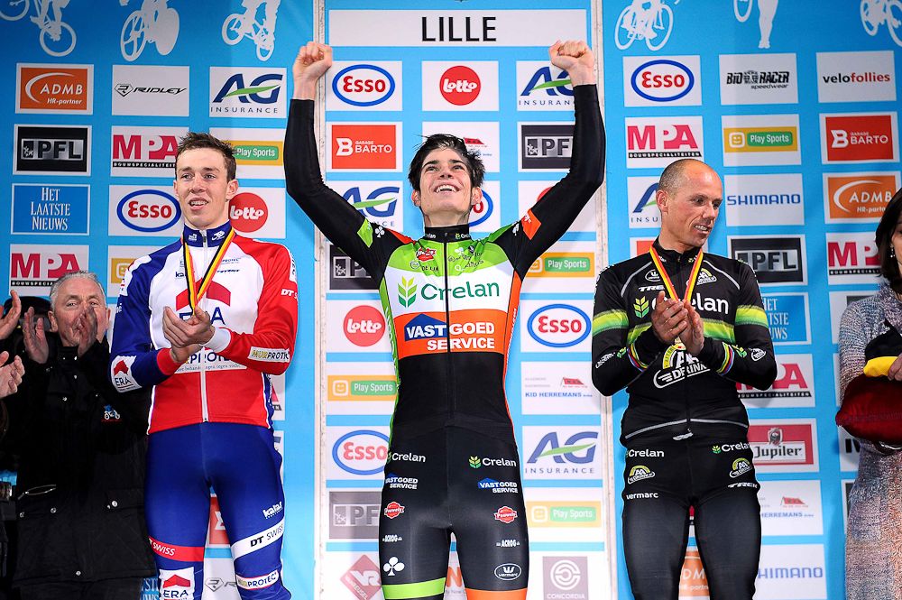 The 2016 Belgian elite men's podium with Sweeck, Van Aert and Nys.