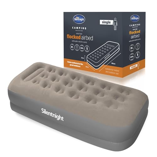 Silentnight Air Bed Single With Built in Pump - High Rise Flocked Non Slip Electric Airbed Comfortable Full Body Support Air Mattress for Guests, Camping, Caravans - Grey - Single
