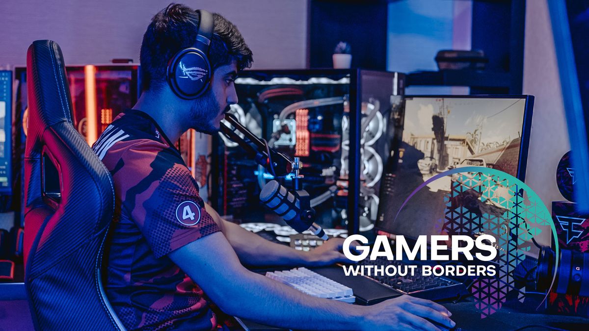 eSports player pictured playing with the Gamers Without Borders logo in the bottom right