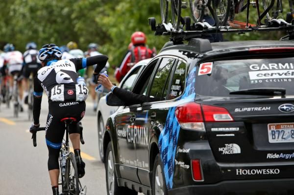 Daniel Martin heads back to the Garmin-Cervelo team car for a bidon