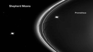 The "shepherd moons" of Saturn's F ring: Prometheus, 63 miles (103 km) in diameter, plays the larger role in shaping the train of icy particles; Pandora, 52 miles (84 km) in diameter, has a less pronounced role but contributes to the stability of the system.