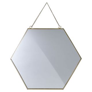 gold edge hexagonal mirror with silver chain hanger