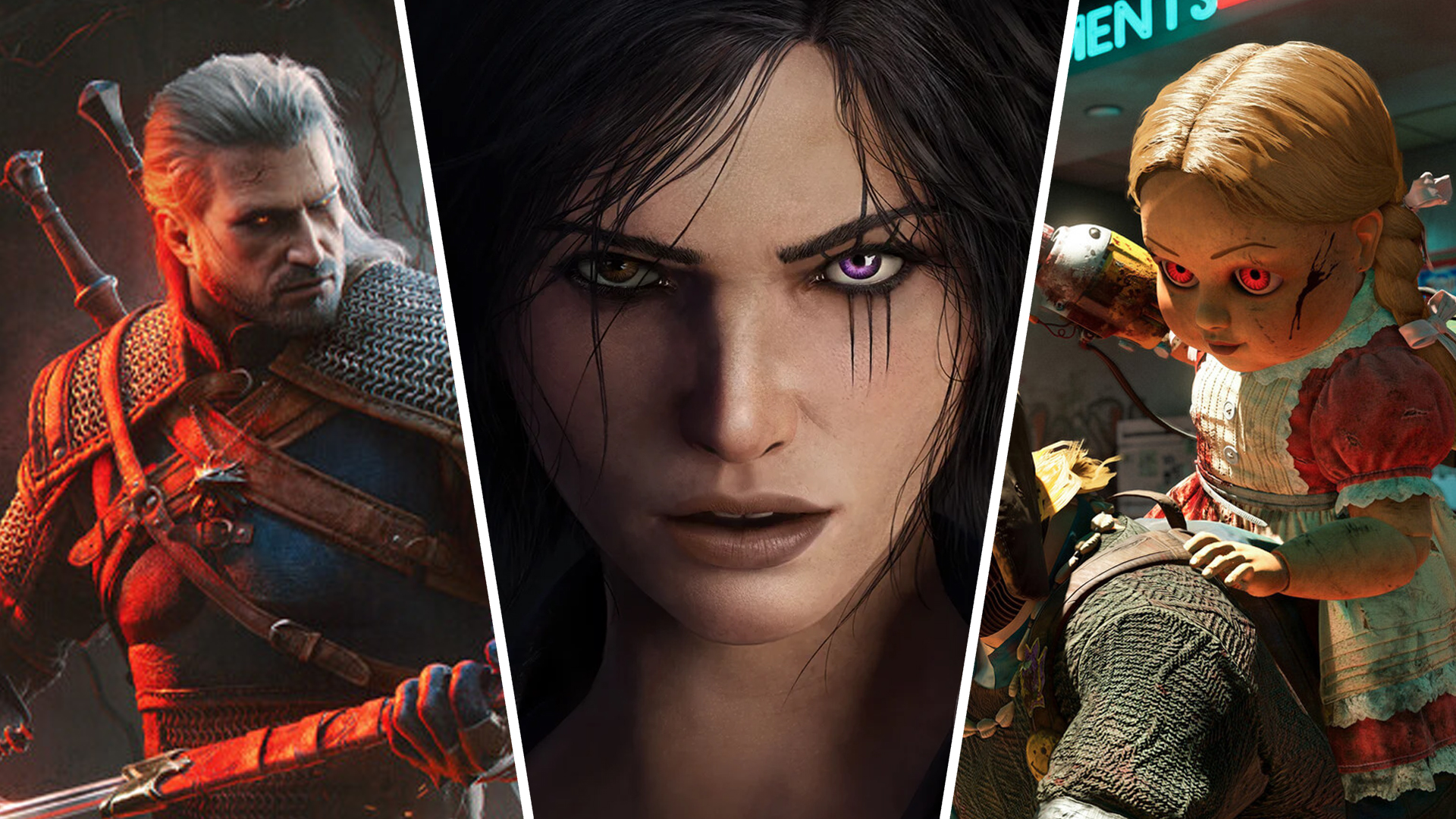 Geralt holding sword / Warlock looking into camera / evil doll holding drill from PUBG Ded.net 