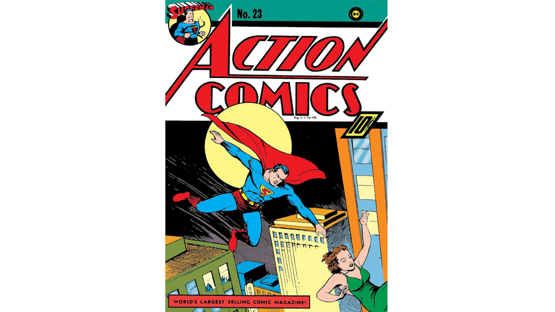 Superman flying to save a falling woman wearing a green dress on the cover for of the Action Comics #23 Superman comic.