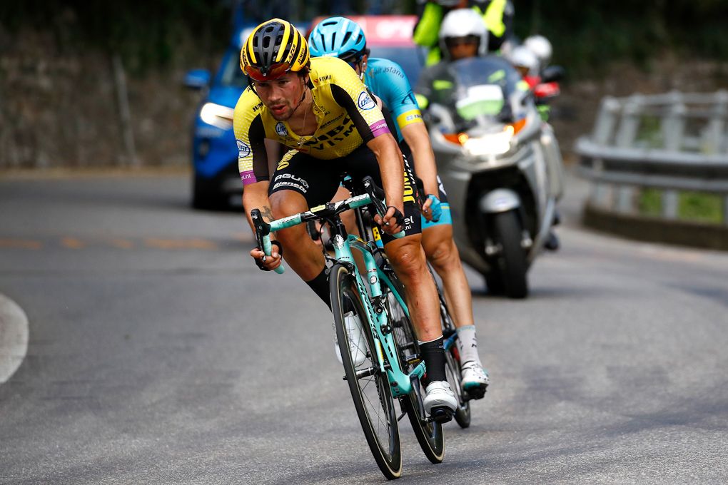 Primoz Roglic chases the leaders after crashing during stage 15 at the Giro