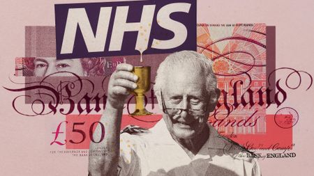 Photo collage of King Charles raising a golden goblet. A droplet drips into it from an NHS logo visible above. In the background, there is a collage of elements from the £50 note.