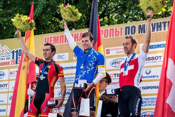 Elite men's podium at the European XC Championship: Sergio Mantecon Gutierrez (Spain), Moritz Milatz (Germany), Ralph Naef (Switzerland)