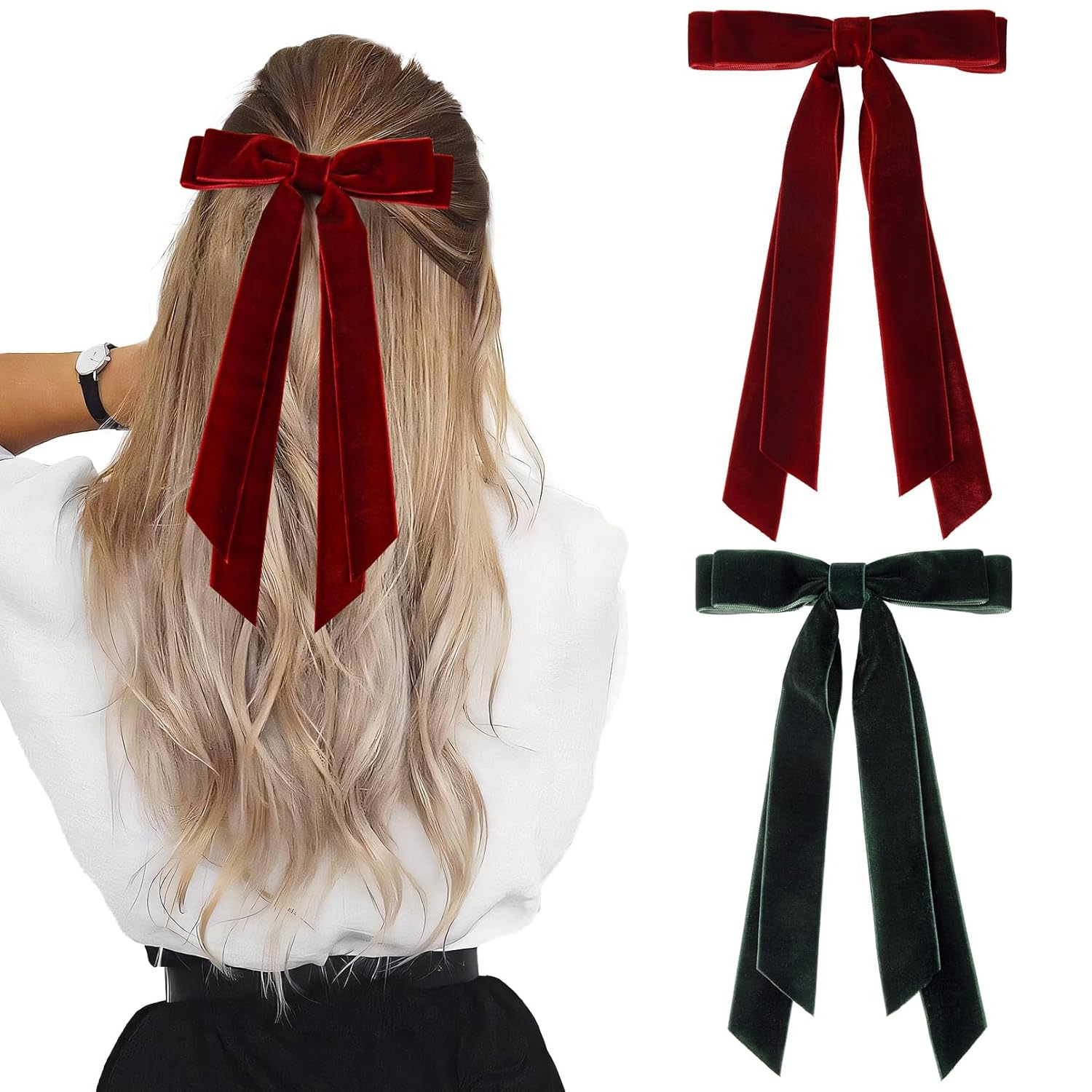 2pcs Velvet Hair Bows Ribbon Hair Clip Wine Red Green Accessories Ponytail Holder Accessories Slides Metal Clips Hair Bow for Women Girls Toddlers Teens Kids