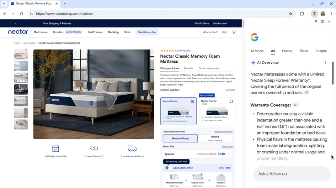 After asking AI Mode a question from Chrome's address bar, users will be given an AI Overview of answers directly on the page, via a sidebar.