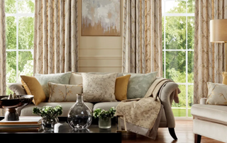 traditional style neutral living room with sash windows and full length curtains