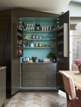 Open floor to ceiling cabinetry in a kitchen that is painted olive green and teal