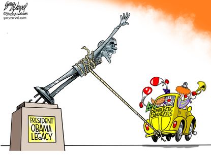 Political Cartoon Democratic Candidates Clown Car Obama Legacy