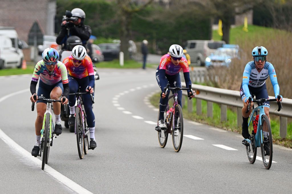 OUDENAARDE BELGIUM APRIL 02 LR Katarzyna Niewiadoma of Poland and Team CanyonSRAM Racing Demi Vollering of The Netherlands Marlen Reusser of Switzerland and Team SD Worx and Shirin Van Anrooij of The Netherlands and Team TrekSegafredo compete during the 20th Ronde van Vlaanderen Tour des Flandres 2023 Womens Elite a 1566km one day race from Oudenaarde to Oudenaarde UCIWWT on April 02 2023 in Oudenaarde Belgium Photo by Luc ClaessenGetty Images